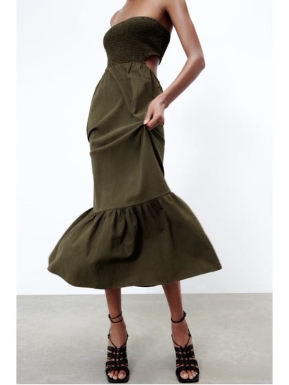 Zara Green Strapless Linen Blend Midi Dress